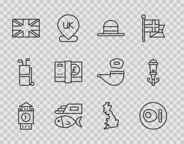 Büyük Ben kulesi, İngiliz kahvaltısı, zarif kadın şapkası, balık ve patates kızartması, Büyük Britanya bayrağı, sterlin para, İngiltere haritası ve klasik sokak lambası ikonu. Vektör