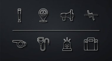 Polis kauçuk copu, ıslık, dikenli tel, flasher siren, telsiz, telsiz, yer barışı, saldırı kalkanı ve Megafon ikonu. Vektör