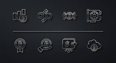Çizgi çizelge çizelgesi, bitcoin, video kartı, kripto para cüzdanı, el ele tutuşmalar, anahtar, bulut madenciliği ve devre ikonu. Vektör
