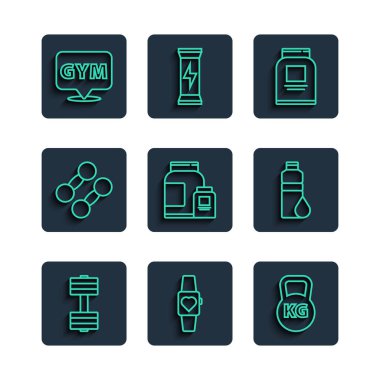 Set hattı Dumbbell, Smartwatch, Kettlebell, Spor Beslenme, Konum Spor Salonu ve Spor Sallama ikonu. Vektör