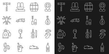 Bir şişe zeytinyağı, Roma askeri miğferi, Mandolin, şarap fıçısı, spor yarış arabası, Vitruvian, şarap tirbuşonu ve Mascara fırçası ikonu. Vektör