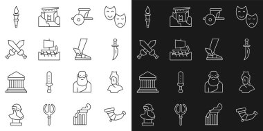 Av boynuzu, Antik büst heykeli, hançer, at arabası, Yunan triremi çapraz ortaçağ kılıcı, meşale ateşi ve Hermes sandalet ikonu. Vektör