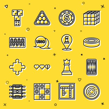 Checker oyun çipleri, tavla tahtası, dolarlı kumarhane, Uno kart, tahta, Domino ve Satranç ikonu. Vektör