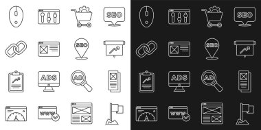 Satır konum imleci, Tarayıcı penceresi, grafik grafikli tahta, alışveriş arabası, zincir bağlantısı, Bilgisayar faresi ve SEO optimizasyon simgesi ayarla. Vektör