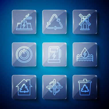 Geri dönüşümlü Eco House hattı, rüzgar türbini, geri dönüşüm geri dönüşümü, elektrikli araba şarj istasyonu, elektrik düğmesi, fabrika fabrikası ve su enerji ikonu. Vektör