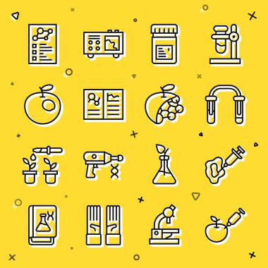 Genetik olarak modifiye edilmiş elma, şırınga, test tüpü ve matara katkı maddeleri, klinik kayıt ve biyolojik yapı ikonu içeren kavanozu ayarla. Vektör