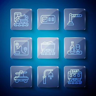 Hat Draisine veya el arabası, tren istasyonu çanı, restoran treni, tren yolu bariyeri, kömür vagonu, rota konumu, klasik lokomotif ve cam ikonlu şarap şişesi. Vektör