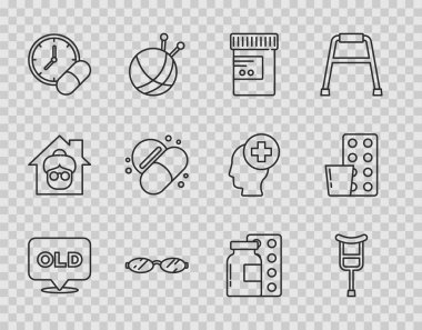 Sabit hat huzurevi, koltuk değneği ya da koltuk değneği, ilaç şişesi ve haplar, gözlük, tablet, haplar ve ikon. Vektör