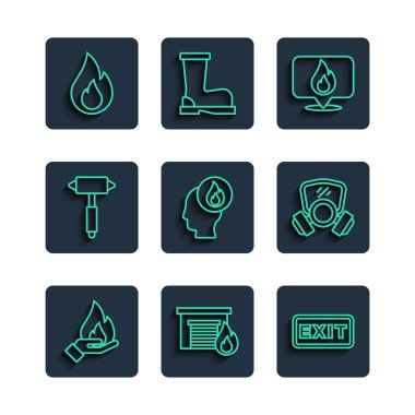 Hat El 'i ateş tutarken, garajı yakarken, çıkışta, alevlerle, itfaiyecilerle, baltayla ve gaz maskesi ikonuyla ayarla. Vektör