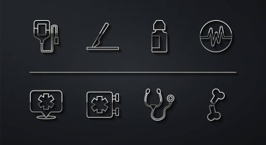 Serum torbası, acil servisin tıbbi sembolü, kalp atışı, steteskop, cerrahi neşter, kırık kemik ve göz damlası ikonu. Vektör