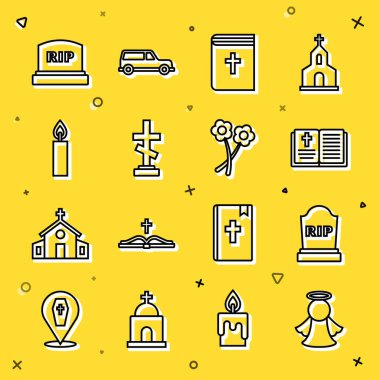 Sabit çizgi Angel, Rip yazısıyla Tombstone, Kutsal İncil kitabı, Mezar haçı, yanan mum ve çiçek ikonu. Vektör