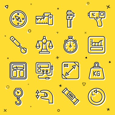 Yarıçap, Ağırlık, Grafik, çizelge, çizelge, çizelge, kalibre veya ölçek, adalet terazisi, ölçüm kaşığı, pusula ve kronometre simgesi. Vektör