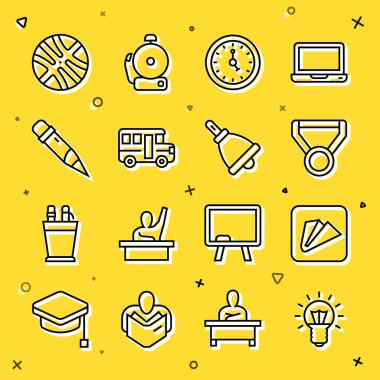 Ampul, kağıt uçak, madalya, saat, okul servisi, silgiyle kalem, basketbol topu ve zil ikonu. Vektör