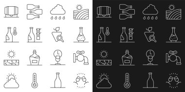 Şarap tatma, degukasyon, fıçı için musluk, Decanter şarabı yağmurlu bulut, şişe dolusu sıcaklık, ahşap ve üzüm ikonu. Vektör