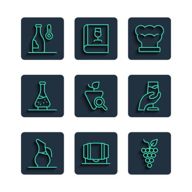 Şarap, ahşap fıçı, bir demet üzüm, şef şapkası, üzümler, şarap sıcaklığı ve tatma ikonu. Vektör