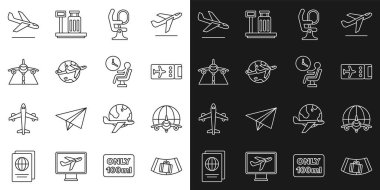 Bavullu konveyör bandı, Globe uçuş uçağı, uçak bileti, uçak koltuğu, uçak, iniş ve insan bekleyen havaalanı ikonu. Vektör