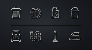 Çöp tenekesi, ıslak zemin, kova, elektrikli süpürge, endüstriyel metalik boru, bulaşık deterjanı, temizlik ve ikon için fırça. Vektör