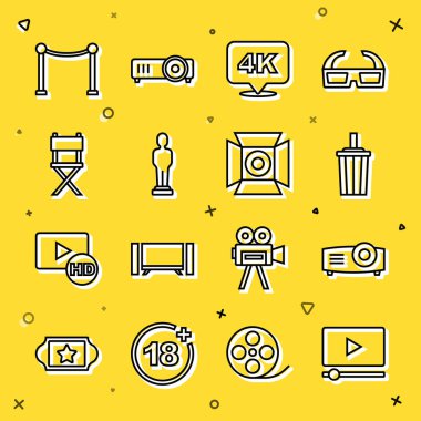 Online oyun videosu, film, medya projektörü, su dolu kağıt bardak, 4k Ultra HD, kupa, yönetmen koltuğu, ip engeli ve spot ışığı ikonu. Vektör