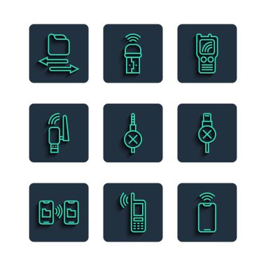 Hat aktarımını ve depolamayı ayarla, kablosuz mobil kablosuz, telsiz, ses bağlantısı yok, Usb adaptörü, transfer dosyaları ve usb kablo ikonu. Vektör