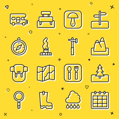 Çizgi çizgisi, takvim, ağaç, dağlar, mantar, kamp ateşi, pusula, karavan karavan aracı ve çekiç simgesi. Vektör