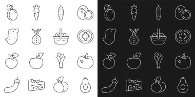 Avokado, Balkabağı, Domates, Salatalık, Ananas, Patates, Erik ve Sepet ve yemek ikonu. Vektör
