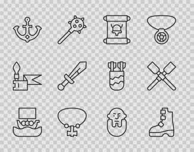 Viking gemisi Drakkar, Antik Viking botları, Decree, parşömen, parşömen, kolye, mücevher, Anchor, Ortaçağ kılıcı, kafa ve kürek tekne ikonu. Vektör