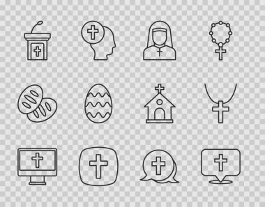Hristiyan hattını monitöre bağla, kilise binası, rahibe, kilise vaazı tribünü, paskalya yumurtası ve zincir ikonu. Vektör