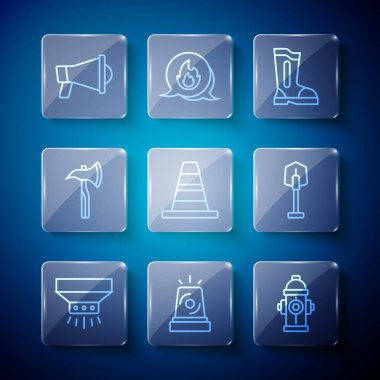 Hat yangın söndürme sistemi, Flasher siren, yangın musluğu, botlar, trafik konisi, itfaiyeci baltası, megafon ve kürek ikonu. Vektör