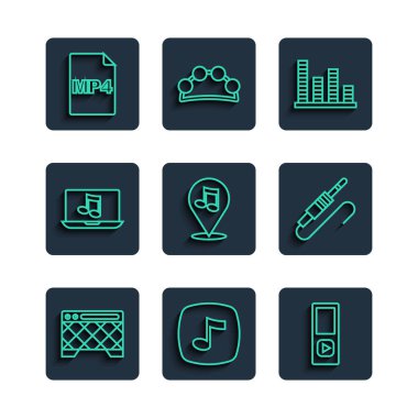 Satır Gitar amplifikatörü, müzik notası, ton, oyuncu, eşitleyici, konum müzikali, dizüstü bilgisayar, MP4 dosya belgesi ve Ses Jack simgesi ayarla. Vektör