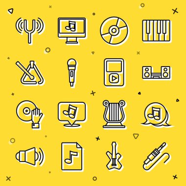 Satır ses kriko, müzik notası, ton, iki hoparlörlü ev teybi, Vinil disk, Mikrofon, Üçgen müzik enstrümanı, müzikal ayar çatalı ve oyuncu simgesi. Vektör