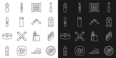Tütün yaprağı yok, sigara rulosu kağıtları, Vape mod cihazı, Çakmak, Elektronik sigara ve kırık ikon. Vektör
