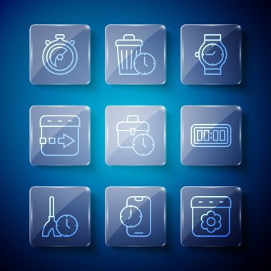 Hat temizleme zamanı, Alarm saati uygulaması mobil, Takvim yayları, Bilek saati, İş, Zaman, Stopwatch ve Dijital alarm simgesi üzerinde uçar. Vektör