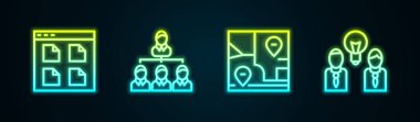 Satır Tarayıcı dosyalarını, Hiyerarşi organogram şemasını, konumu ile katlanmış haritayı ve People ampulünü ayarla. Parlayan neon ikonu. Vektör