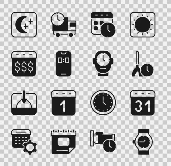 Set Wrist Watch Calendar Cleaning Time Clock Alarm App Mobile — Stock Vector