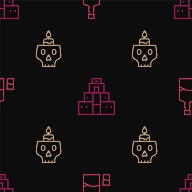 Tekila şişesi ve cam, kafatasında yanan mum ve pürüzsüz desende Chichen Itza Mayan. Vektör