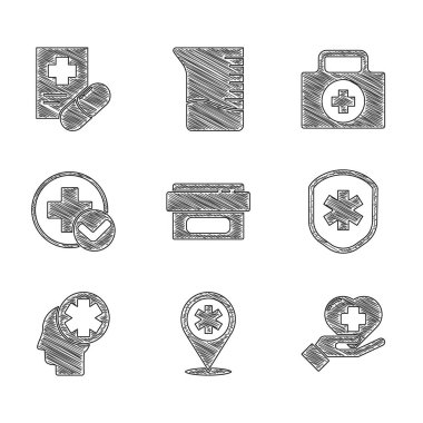 Merhem krem tüpünü, çapraz hastaneli harita işaretleyiciyi, kalbi, tıbbi kalkanı, erkek başını, çapraz sağlık setini, ilk yardım çantasını ve reçeteli ikonu hazırla. Vektör