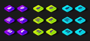 Dizüstü bilgisayarı kardiyogram, astım spreyi, su toplayan haplar, ilaç şişesi, serum torbası ve ilaç şurubu ile ayarlayın. Vektör