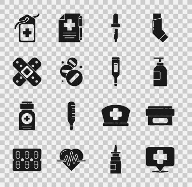 Harita işaretçisini çapraz hastane, el dezenfektanı, Pipette, ilaç hapı veya tablet, çapraz bandaj sıva, tıbbi etiket ve tıbbi dijital termometre ikonu ile ayarla. Vektör