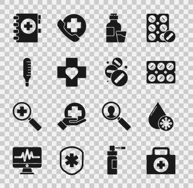 İlk yardım çantasını, kan testini ve virüsü, su toplayan hapları, ilaç şurubunu, haçlı kalbi, termometreyi, panoyu, ilaç hapını veya tablet ikonunu hazırla. Vektör