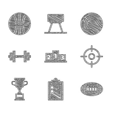 Kazanan spor podyumu, spor antrenmanı programı, Amerikan Futbol, Target, Cup, Dumbbell, Beyzbol ve Basketbol ikonu için Set Ödülü. Vektör