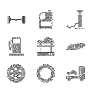 Tamir aracını asansöre, tekerleklere, ışınlama kamyonuna, farlara, Alloy 'a, benzin istasyonuna, pompaya ve Chassis ikonuna ayarlayın. Vektör