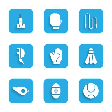 Beyzbol eldiveni, Amerikan futbolu, tenis, badminton topu, ıslık, kask maskesi, atlama ipi ve ok ikonu. Vektör