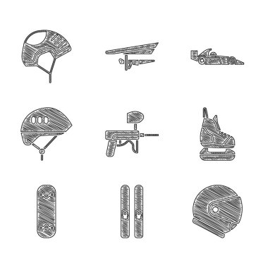 Paintball silahı, kayak ve sopalar, kask, kaykay numarası, bisiklet kaskı, Formula 1 yarış arabası ve ikon. Vektör