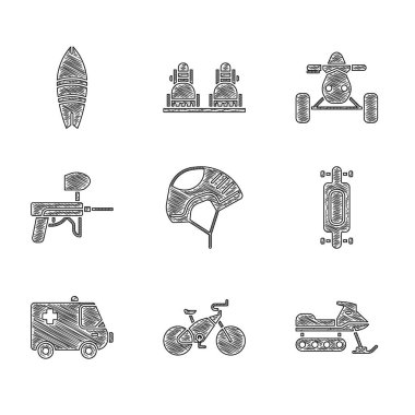 Kask, bisiklet, kar aracı, kaykay, ambulans ve acil durum arabası, Paintball silahı, ATV motosiklet ve sörf tahtası ikonu. Vektör