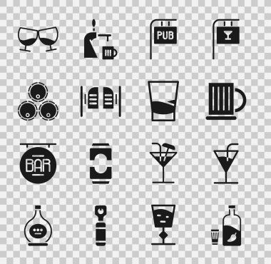 Biberli ve camlı votka, kokteyl, tahta bira bardağı, sokak tabelası barı, bar kapısı, fıçılar, bir bardak konyak ve votka ikonu. Vektör