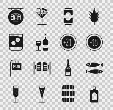 Viski şişesi, kurutulmuş balık, alkol 18 'den fazla, bira kutusu, bardaklı şarap, bir bardak viski, sokak tabelası barı ve 21 ikon. Vektör