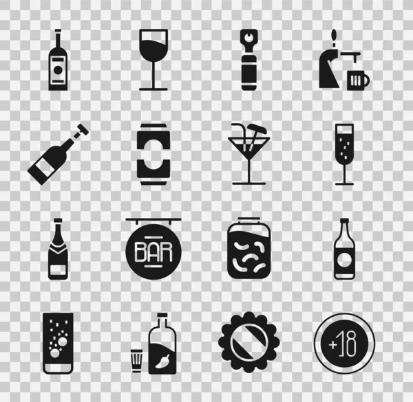 设定酒精18岁及以上 啤酒瓶 开瓶器 开放的葡萄酒 伏特加和鸡尾酒图标 — 图库矢量图片