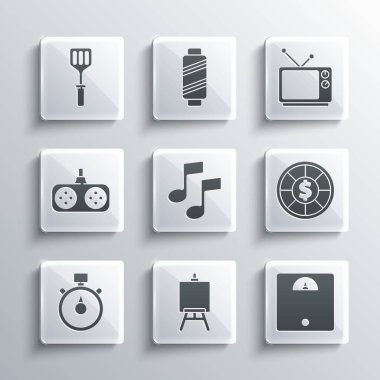 Set Easel veya resim tahtaları, banyo pulları, kumarhane fişleri, müzik notası, ton, Stopwatch, Gamepad, Spatula ve Retro TV ikonu. Vektör