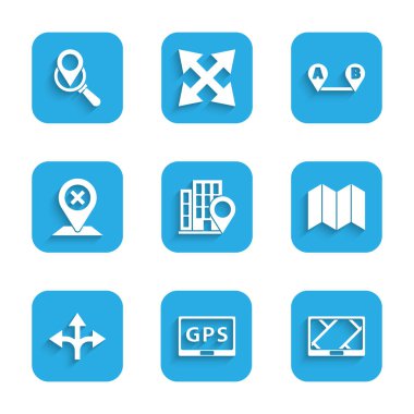 Konumu ev, GPS aygıtı haritası, katlı, trafik işareti, rota konumu ve Arama simgesi ile ayarlayın. Vektör