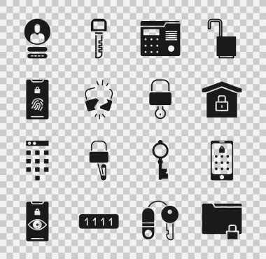 Dizini ve kilidi ayarla, mobil grafik şifresi, korunan ev, dahili iletişim sistemi, kırık kırık, parmak izi taraması, hesap ekranı ve kilit anahtar simgesi oluştur. Vektör
